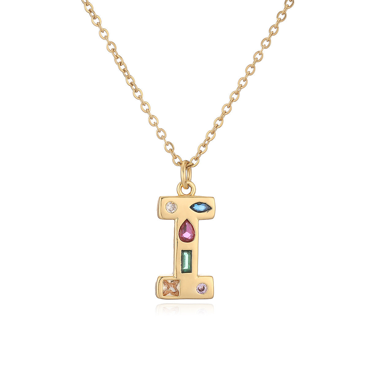 Minimalist Letter Shape Copper Pendant Necklace with 18K Gold Plating and Colored Zircon Inlay for Women