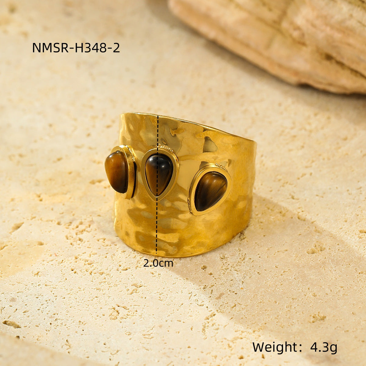 Elegante Anillo Bañado en Acero Inoxidable con Textura Geométrica Vintage Francés y Piedra Natural Incrustada para Mujer