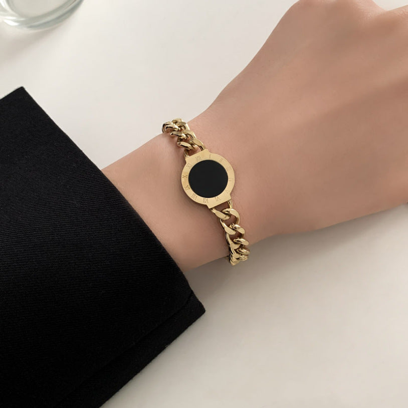 Fashionable Minimalist Black Roman Round Titanium Steel Bracelet with Thick Chain and Plated Finish