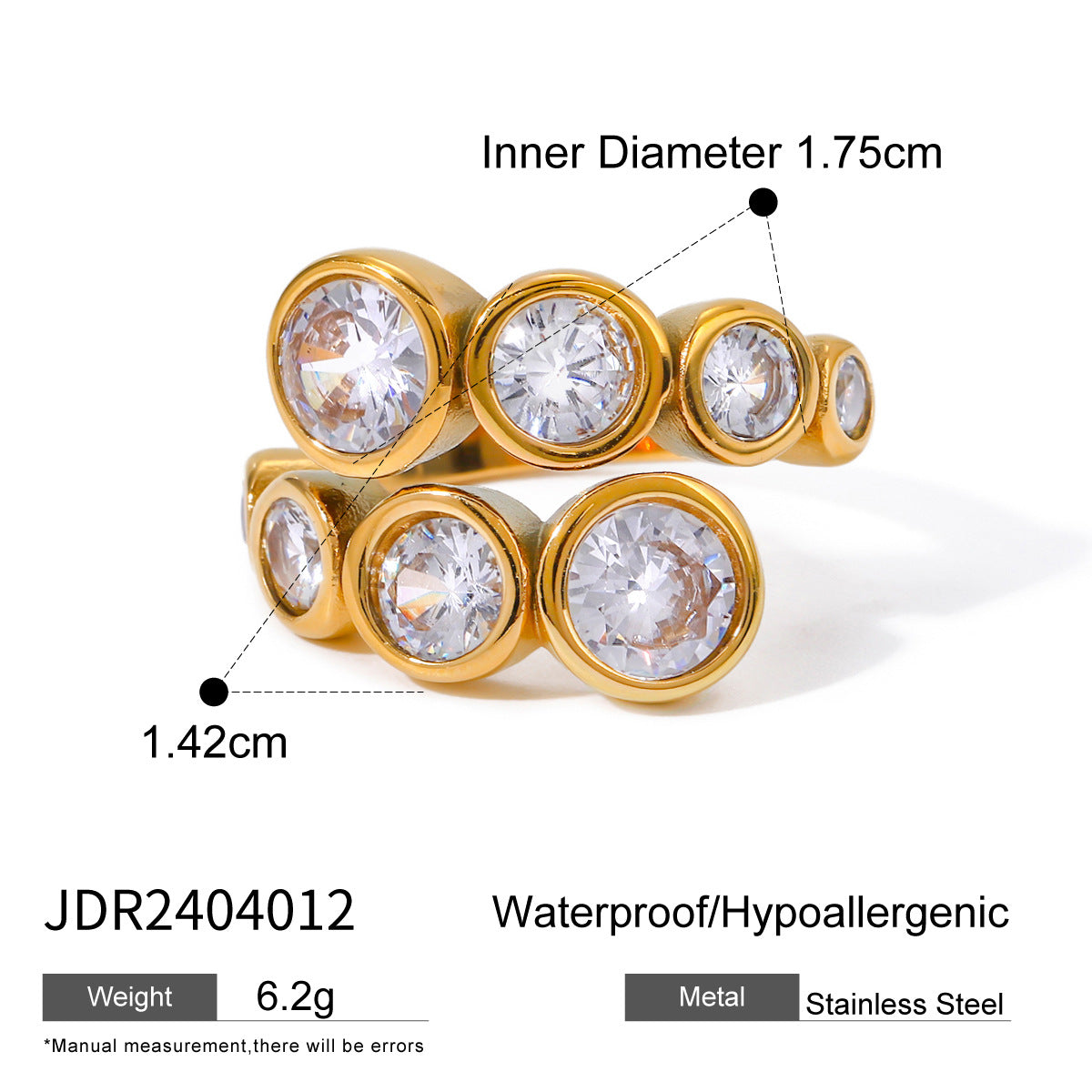 18K Gold Plated Geometric Stainless Steel Ring with Cubic Zirconia