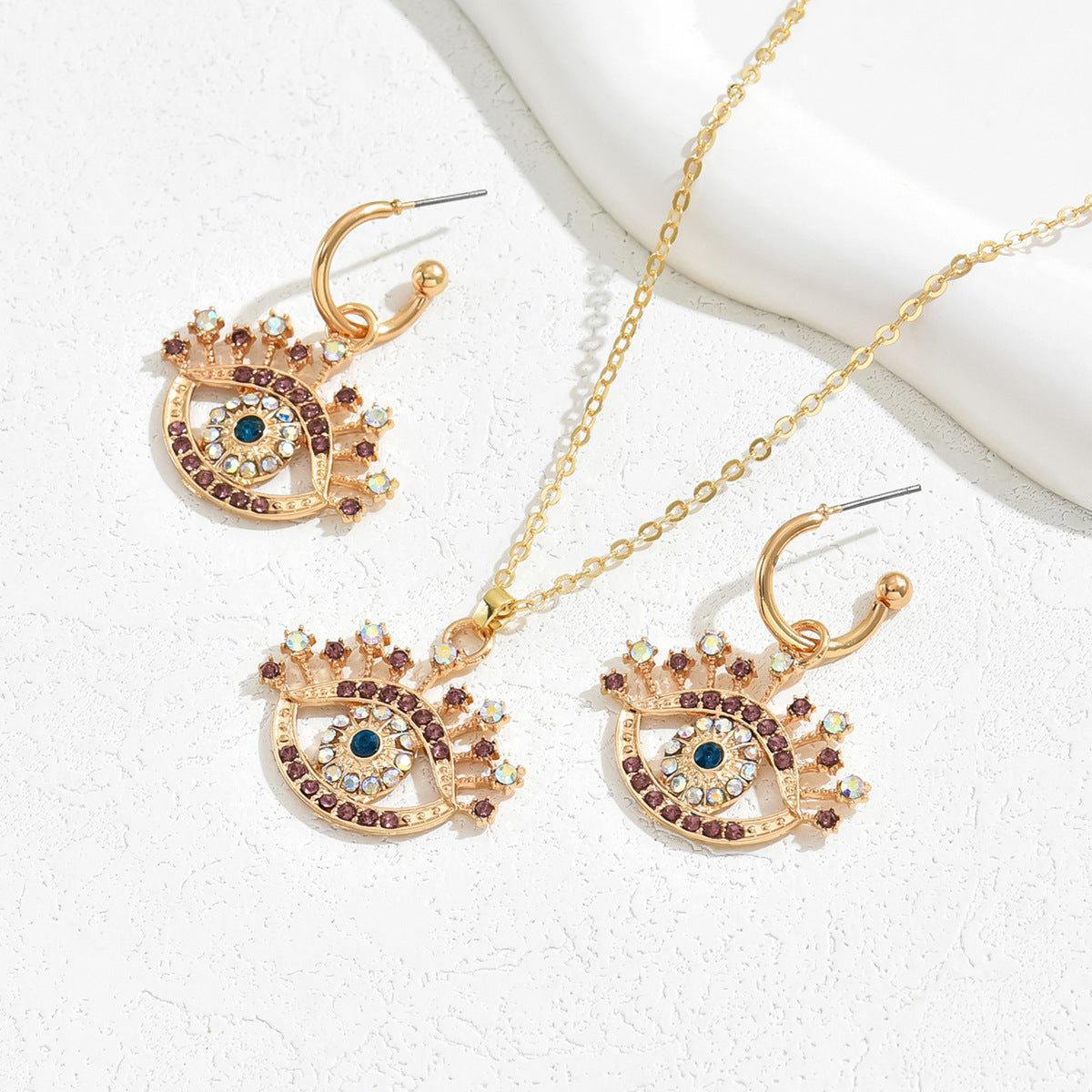 Conjunto de collar con colgante de ojo turco minimalista y pendientes de botón para mujer, de aleación con incrustaciones de diamantes de imitación