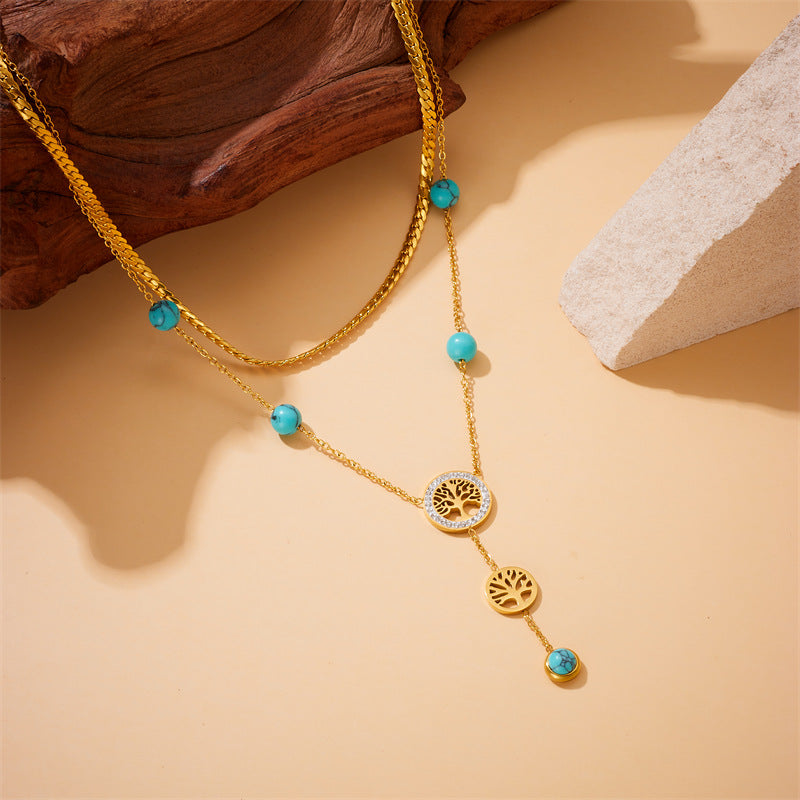 Minimalist Vintage Double-Layer Stainless Steel Necklace with Gold Plating, Tassel Pendant, and Turquoise Tree of Life Charm