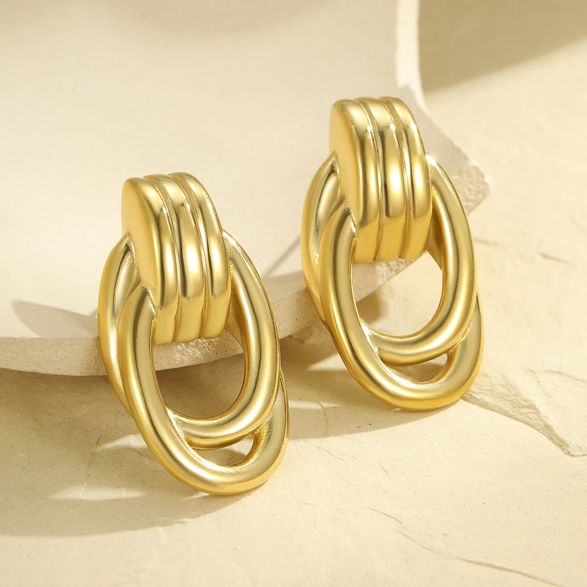 Minimalist Geometric Stainless Steel Earrings with Gold Plating and Twisted Thread Detail for Women