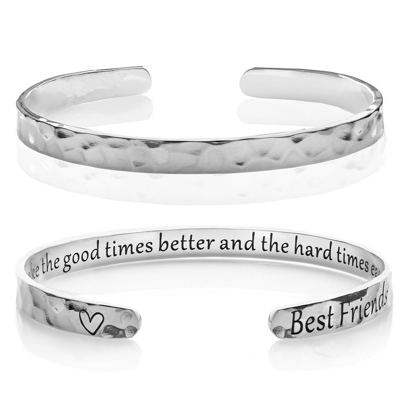 Minimalist Stainless Steel Engraved Open Moon Surface Textured Hammered Bracelet