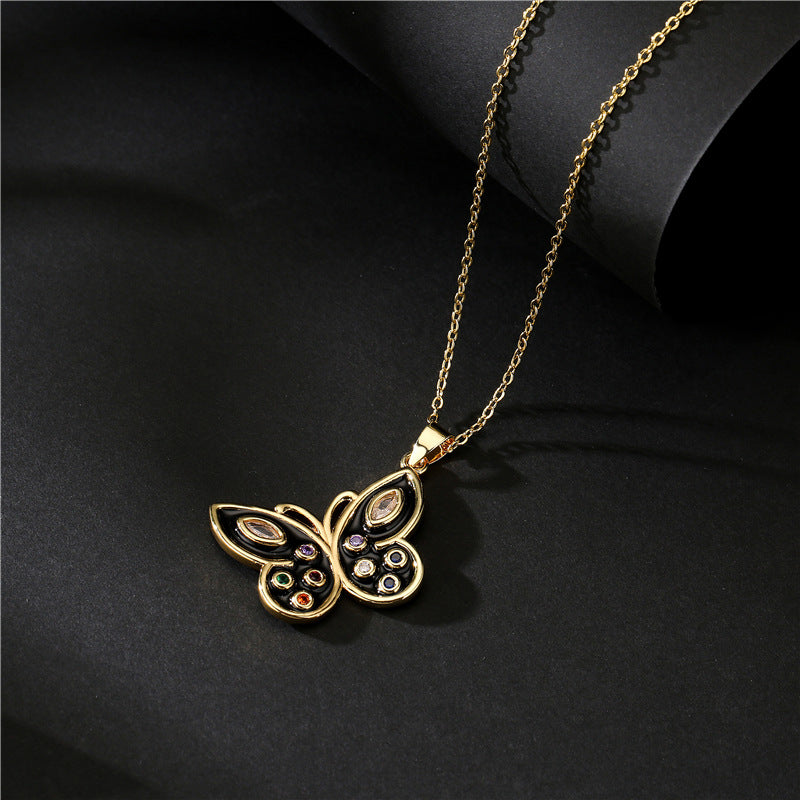 Butterfly Drip Oil Gold Plated Brass Micro-set Cubic Zirconia Necklace with Box Chain