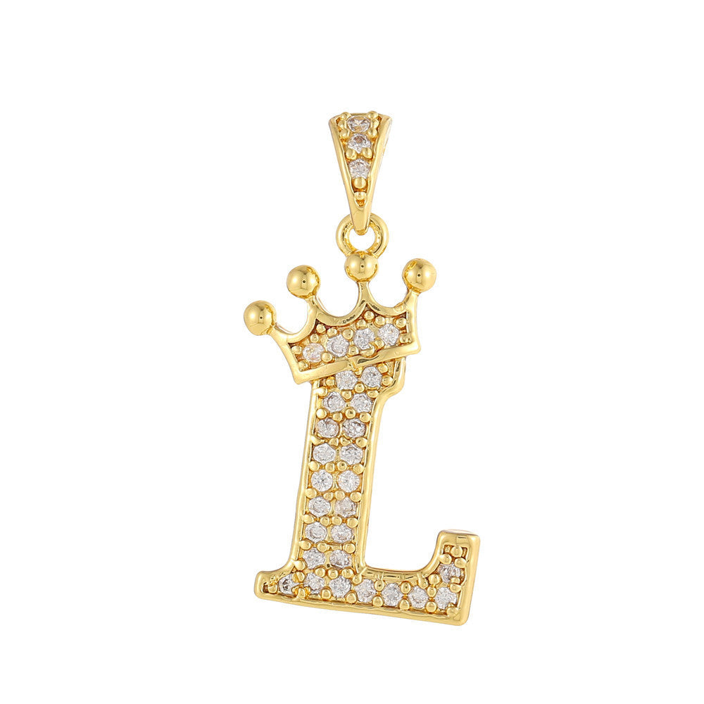 Gold Plated Brass Crown Letter Charm Bar with Cubic Zirconia for DIY Necklace Bracelet