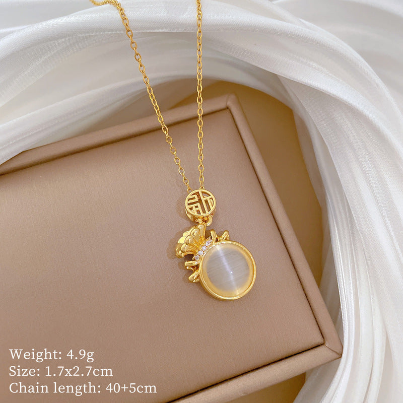 Minimalist Lucky Bag Pendant Necklace for Women Stainless Steel Locket Chain with Full Rhinestone Accents and Zodiac Animal Shape