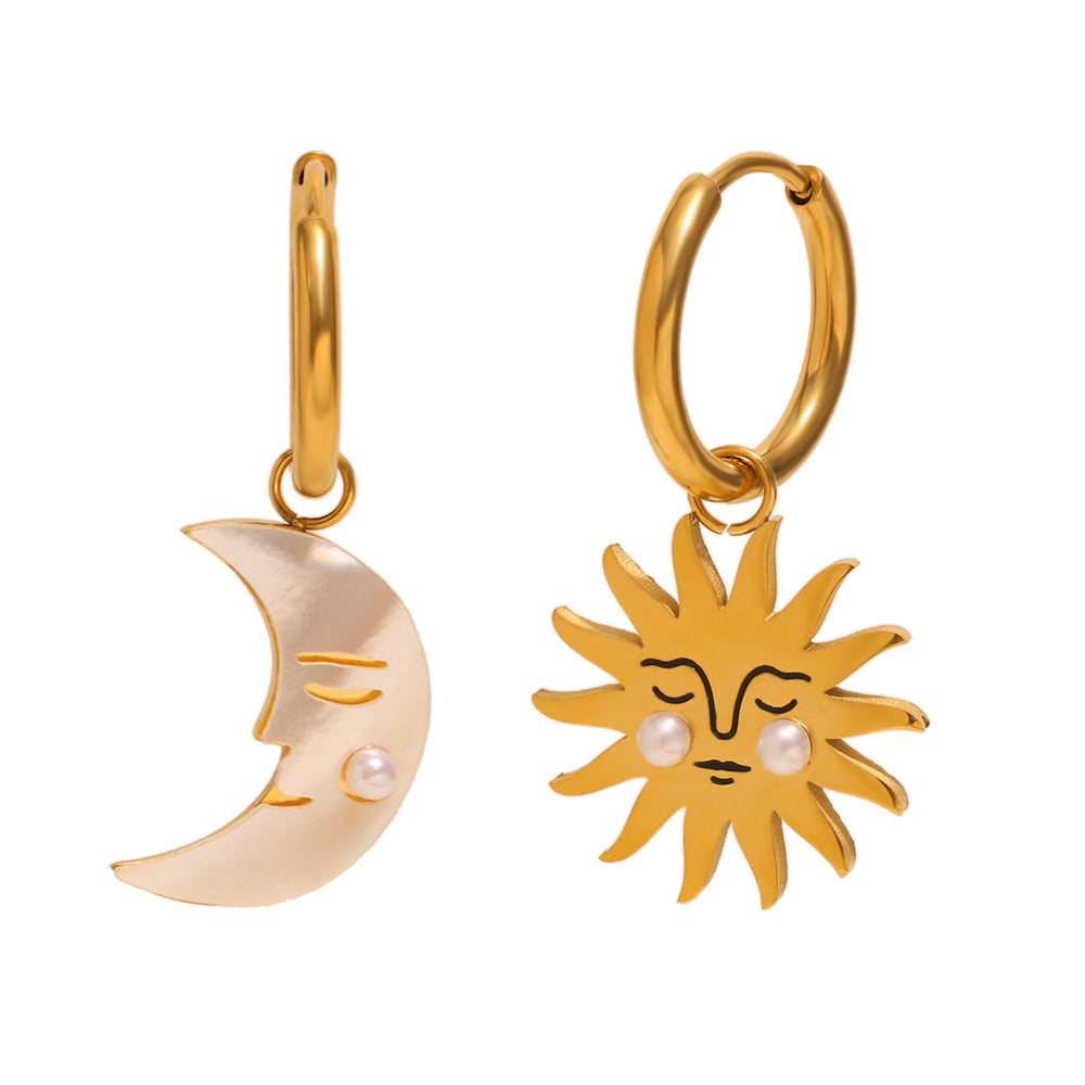 Orecchini Pendenti Audaci Geometrici con Sole e Luna in Acciaio Inox e Placcatura in Oro 18K da Donna