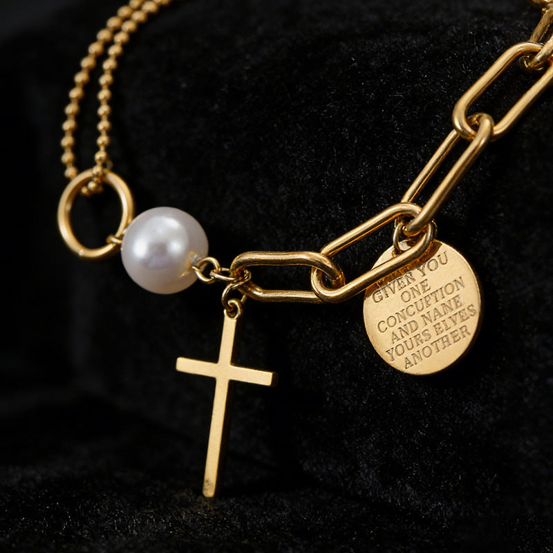 Vintage Minimalist 18K Gold Plated Stainless Steel Cross Pearl Paperclip Bracelet