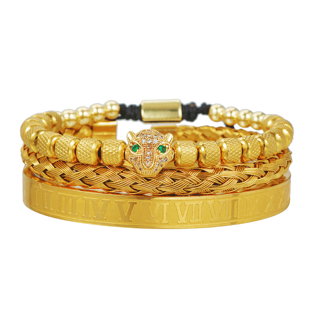 Vintage Geometric Leopard Head Micro-inlaid Cubic Zirconia Woven Stainless Steel Bracelet Set