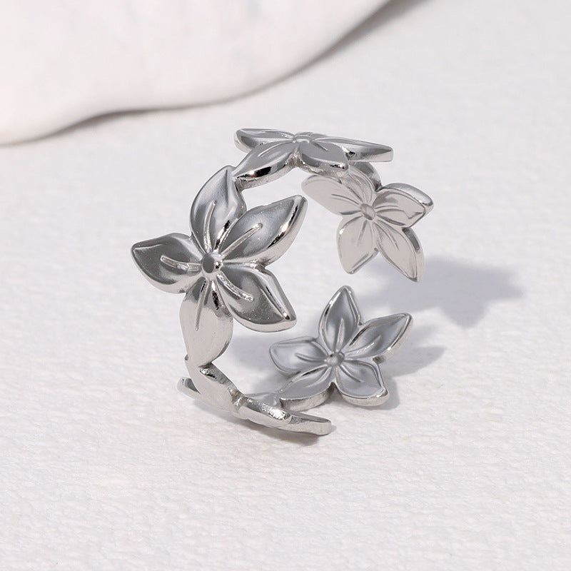 Anello in acciaio inossidabile aperto, minimalista floreale con finitura placcata per donna