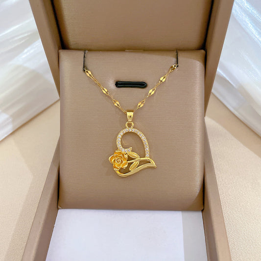 Heart Rose Luxury Elegant Rhinestone Pendant Necklace Titanium Steel Chain for Women and Men