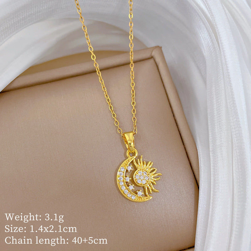 Sweet Minimalist Moon Star Geometric Rhinestone Titanium Steel Necklace for Unisex
