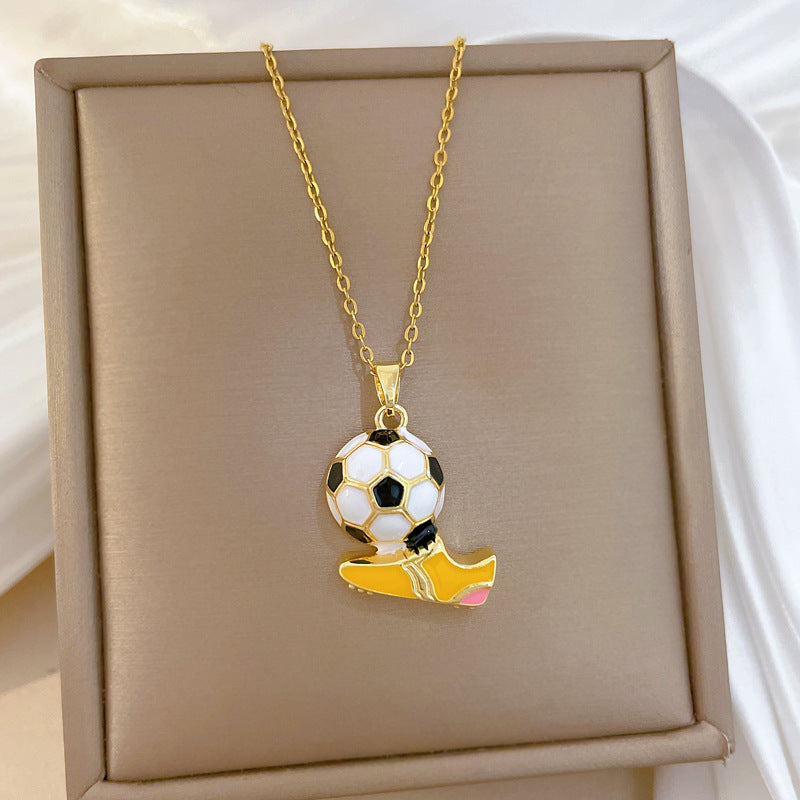 Sweet Sporty Geometric Drip Oil Rhinestone Soccer Shoe Pendant Necklace Titanium Steel Chain for Unisex