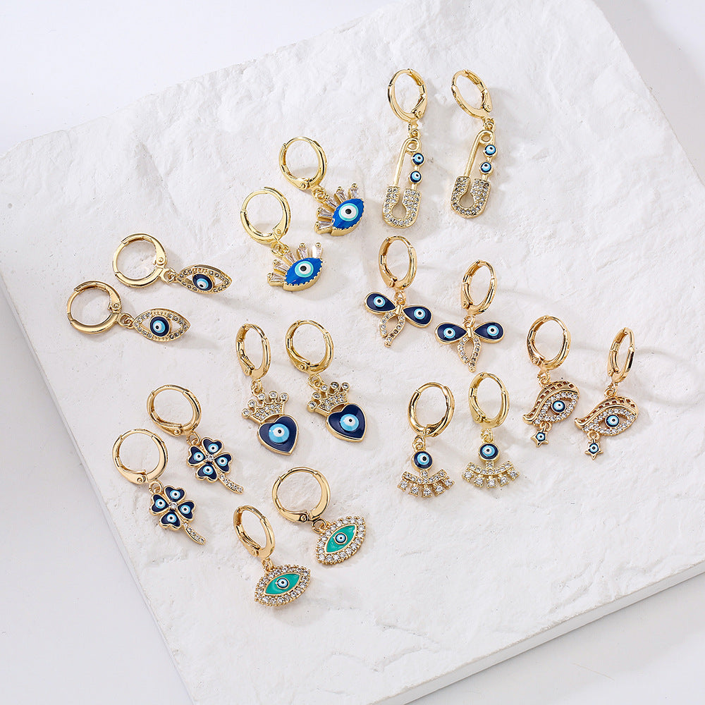 Geometric Demon Eye Earrings for Women with Copper Base Plated in 18K Gold and Enamel-Set Zirconia