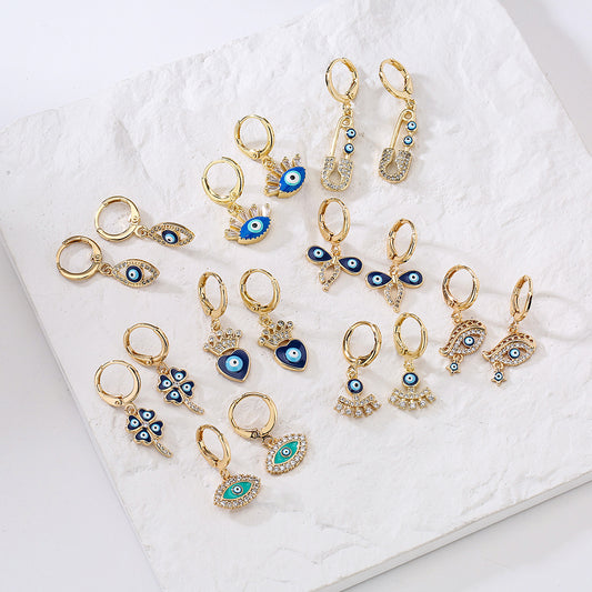 Geometric Demon Eye Earrings for Women with Copper Base Plated in 18K Gold and Enamel-Set Zirconia