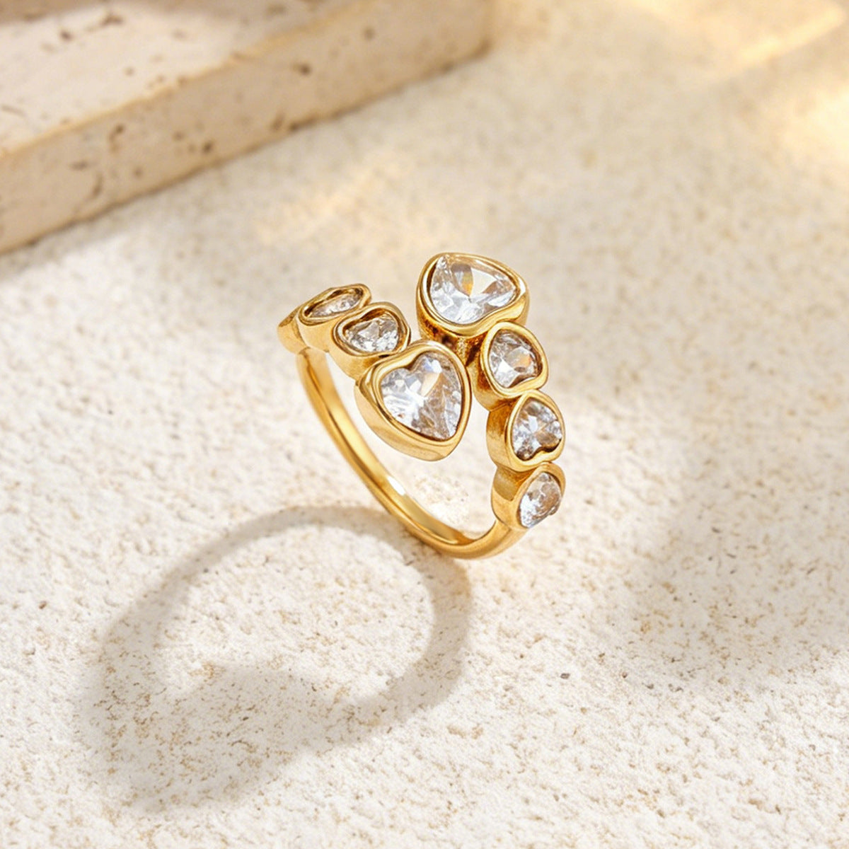 Luxury Plated Stainless Steel Heart Star Rhinestone Ring for Women