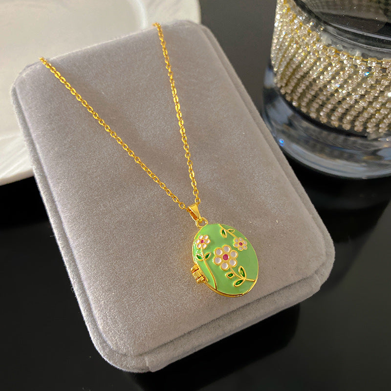 Vintage Drip Oil Floral Heart Oval Pendant Gold Plated Brass Necklace for Women