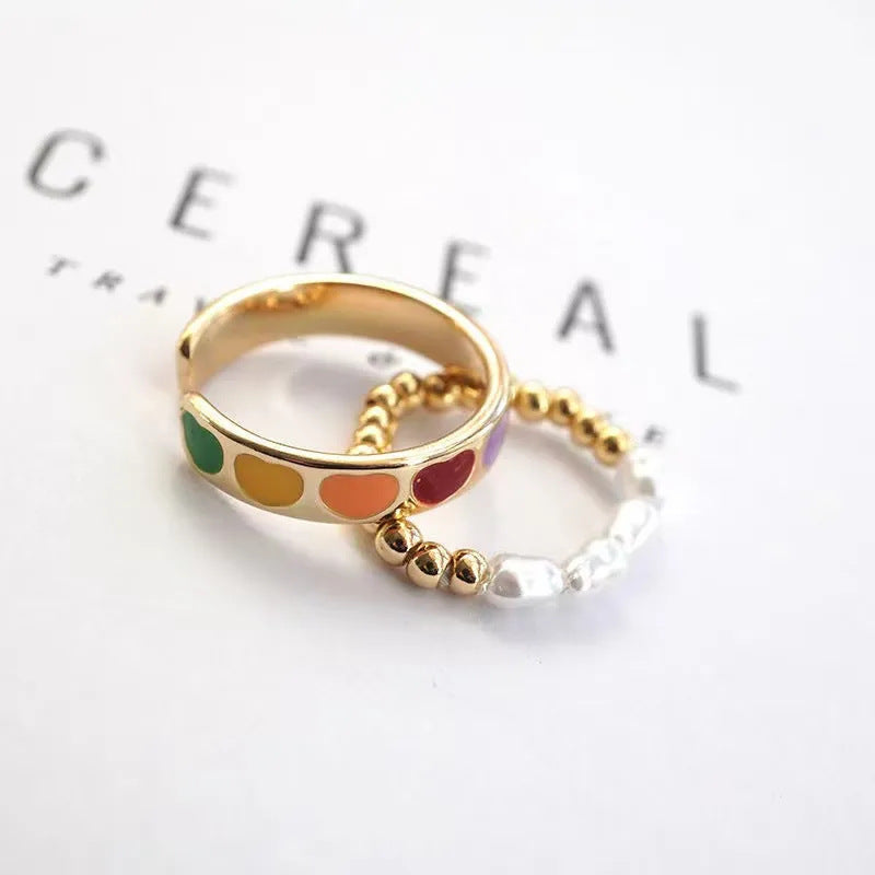 Sweet Minimalist Heart-Shaped Alloy Ring Set with Rhodium Plating for Women, Geometric Design Pearl Accent Stackable Band