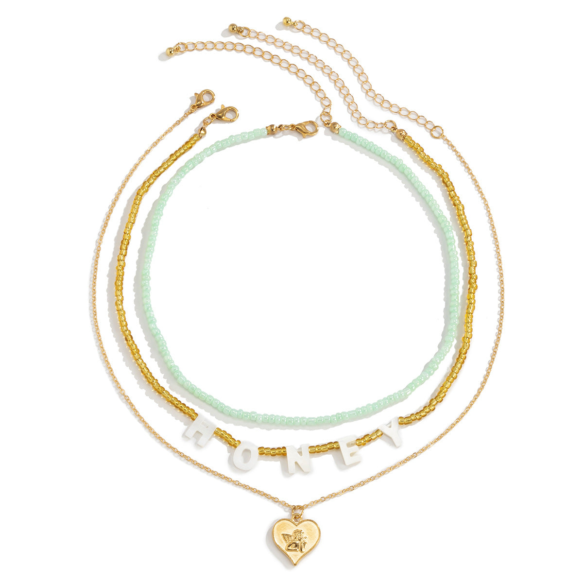 Minimalist Honey Letter Layered Necklace with Heart Shape Pendant, Alloy Chain, Electroplated Finish, Bohemian and Rustic Inspired