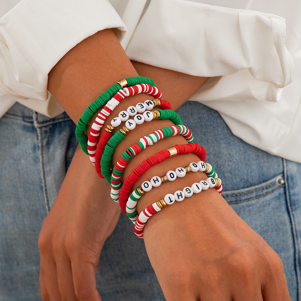 Cute Christmas Reindeer Polymer Clay Bracelet Set with Geometric Charms and Elastic Band for Women