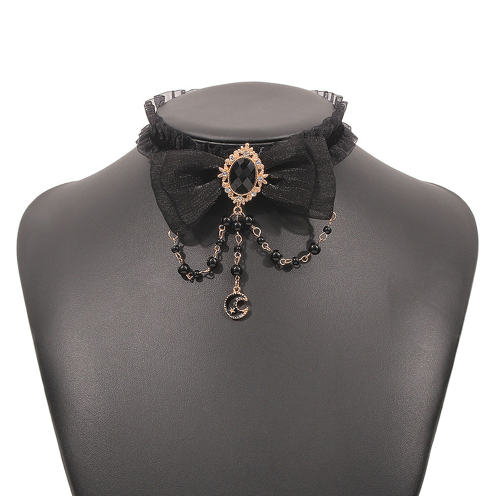 Collar de nudo de lazo geométrico dulce y atrevido con base de aleación, colgante de imitación de perla y detalles de estrella-luna para mujer