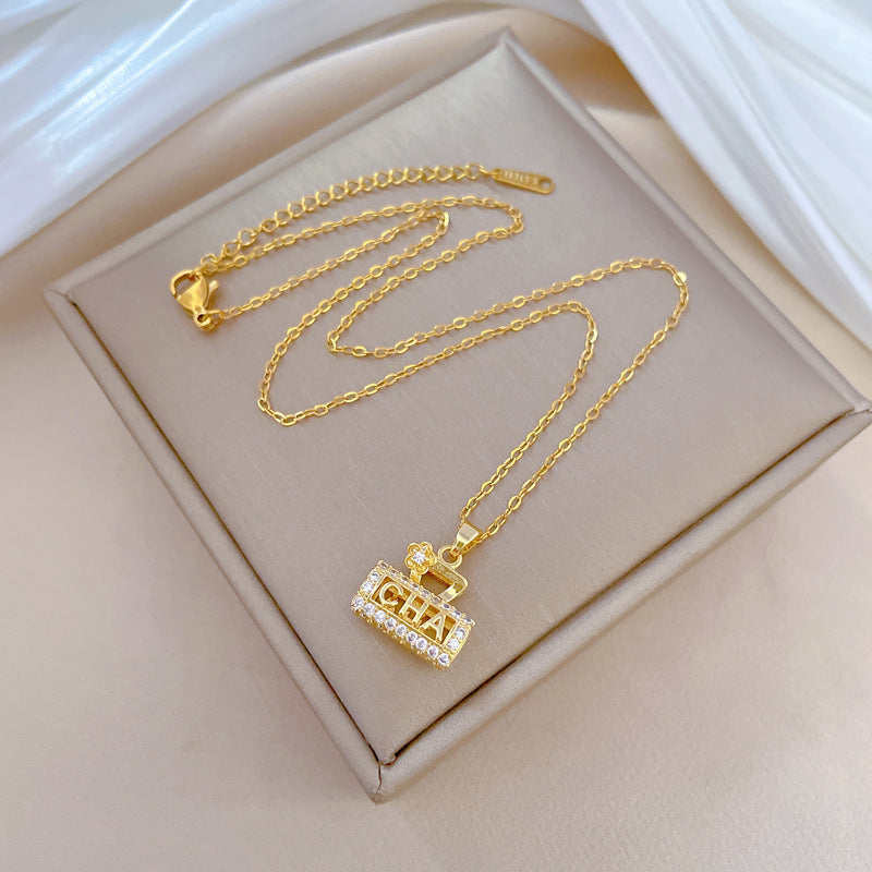 Floral Bag-Shaped Elegant Rhinestone Pendant Necklace for Women with Titanium Steel Chain in Geometric Design