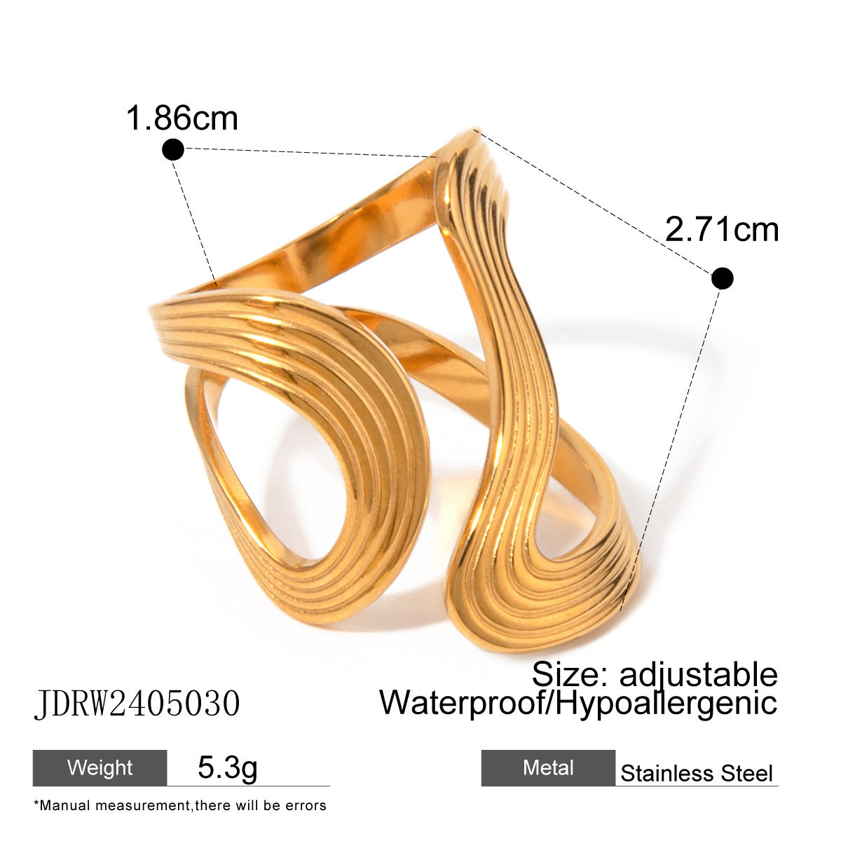 Irregular Shaped Titanium Steel Ring with 18K Gold Plating for Unisex Fashion Jewelry