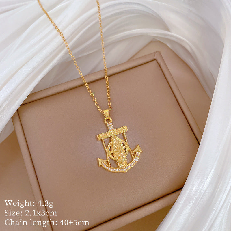Cartoon Style Anchor Pendant Necklace for Women and Men with Titanium Steel Chain Geometric Shape Stainless Steel Base Full Rhinestone Accented Elegant Clavicle Chain