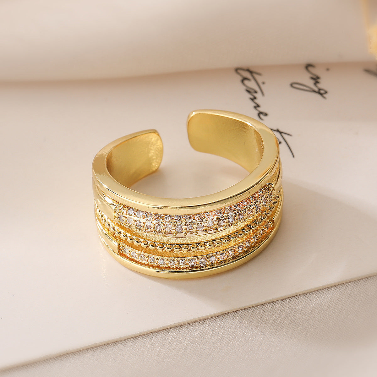 Minimalist Geometric Open Ring for Women Made of Brass with Real Gold Plating and Zircon Inlay