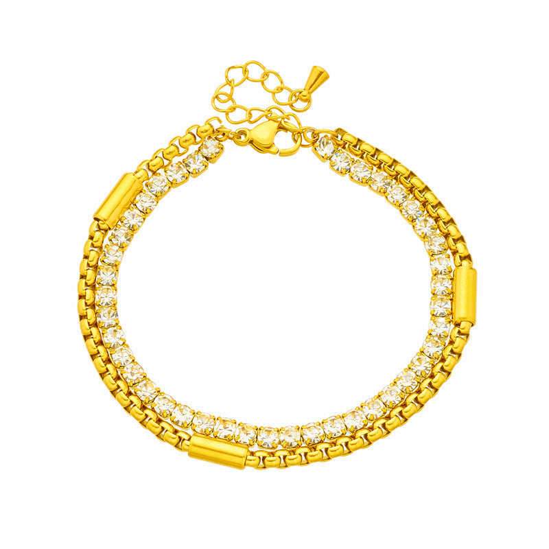 Punk Style Creative Hip Hop Handcrafted Rhinestone-Embellished Titanium Steel Multi-Layer Stackable Bracelet for Women