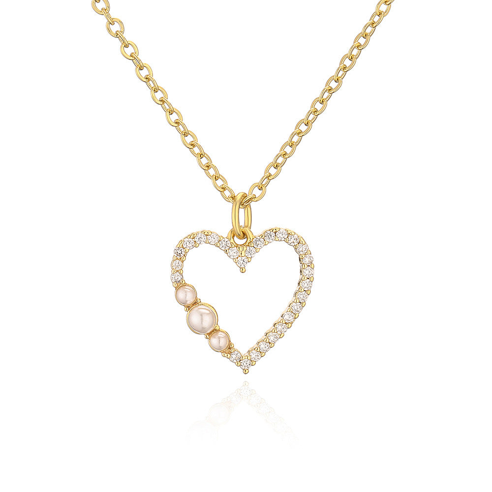 Elegant French-Style Heart-Shaped Zircon and Pearl Pendant Necklace for Women in Copper with Minimalist Design