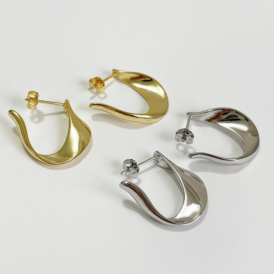 Minimalist Sweet 925 Sterling Silver U-Shape Teardrop Earrings with Pearl Inlay Gold and Platinum Plated for Women