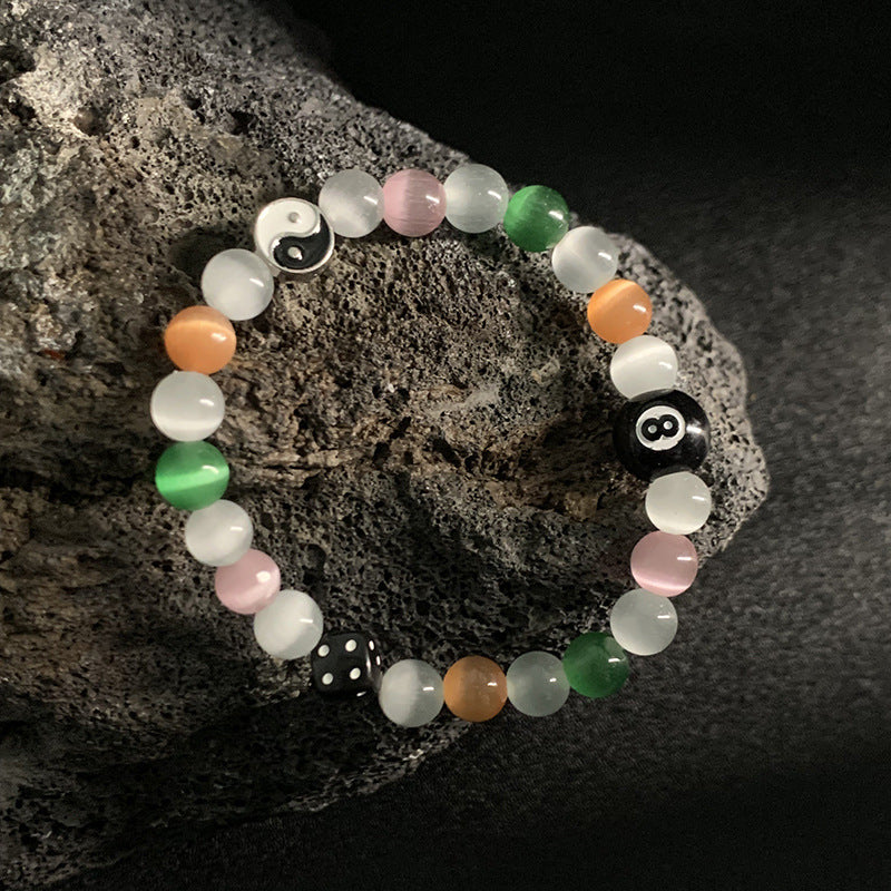 Geometric Cross Obsidian and Cat's Eye Beaded Bracelet