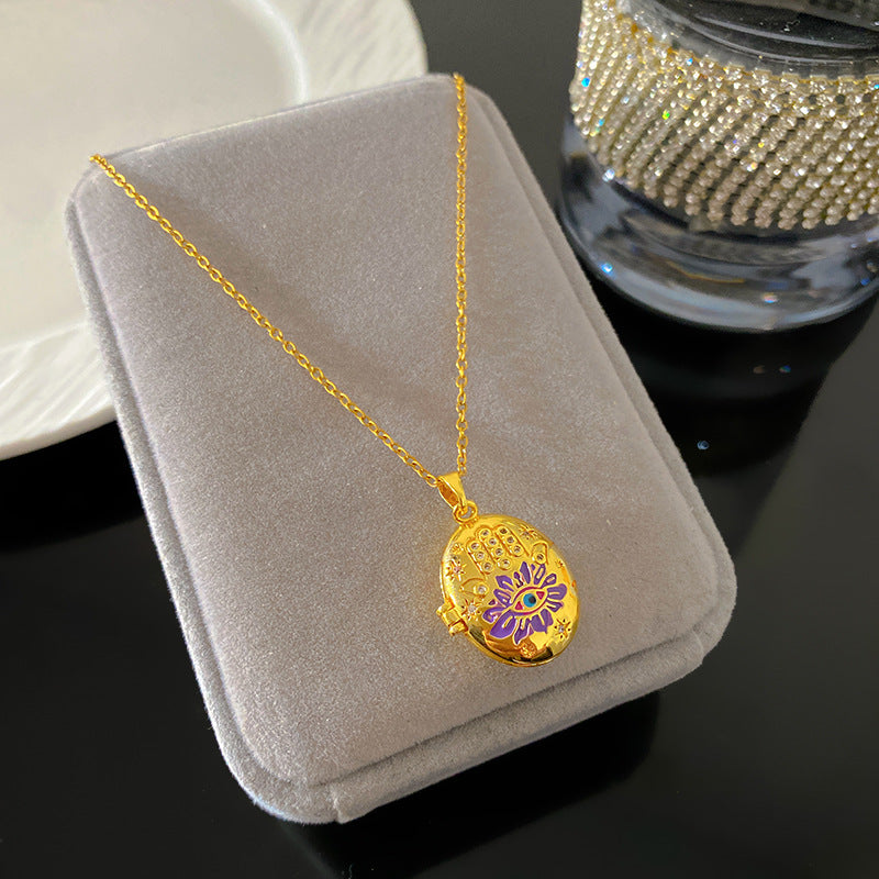 Vintage Drip Oil Floral Heart Oval Pendant Gold Plated Brass Necklace for Women