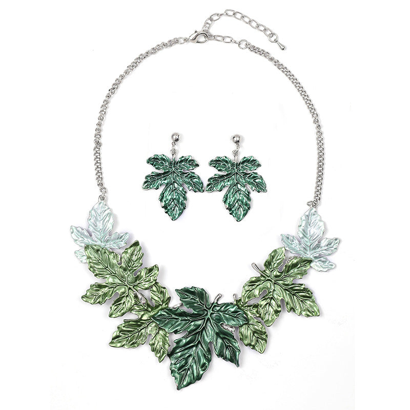 Exaggerated Vintage Maple Leaf Enamel Alloy Necklace and Earrings Set with Leaf Motif for Women