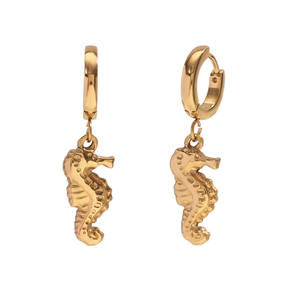 Pendientes Minimalistas de Tortuga, Caballito de Mar y Delfín de Moda en Acero Inoxidable con Baño de Oro de 18K para Mujer