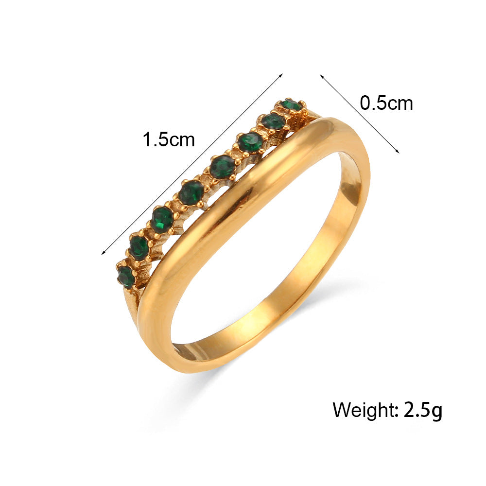 Minimalist Geometric Stainless Steel Plated Double Layer Thin Ring with Zirconia for Women