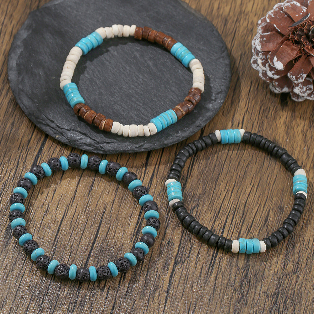 Vintage Handmade Round Wood Agate Turquoise Beaded Bracelet