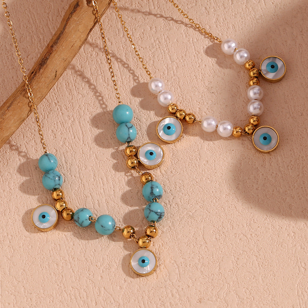 Fashionable French Vintage Pendant Necklace for Women with Geometric Blue Turquoise-Inlaid Round Eyes, Stainless Steel Base with 18K Gold Plating