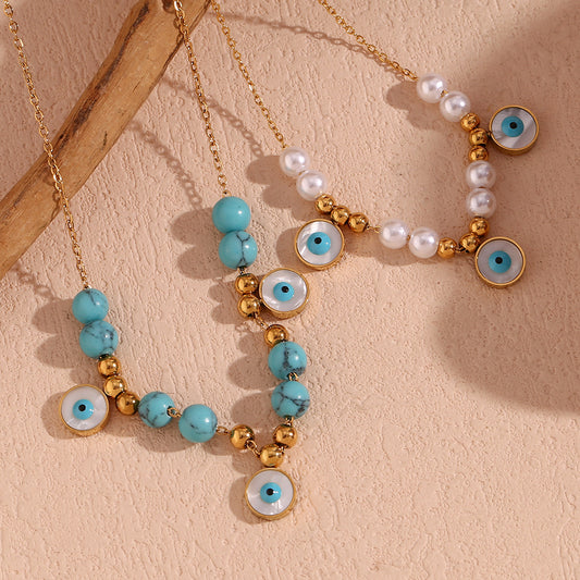 Fashionable French Vintage Pendant Necklace for Women with Geometric Blue Turquoise-Inlaid Round Eyes, Stainless Steel Base with 18K Gold Plating