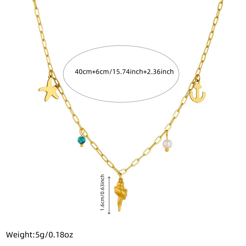 Minimalist Starfish Anchor Seashell Pendant Necklace in Stainless Steel with Plated Finish on Box Chain for Women