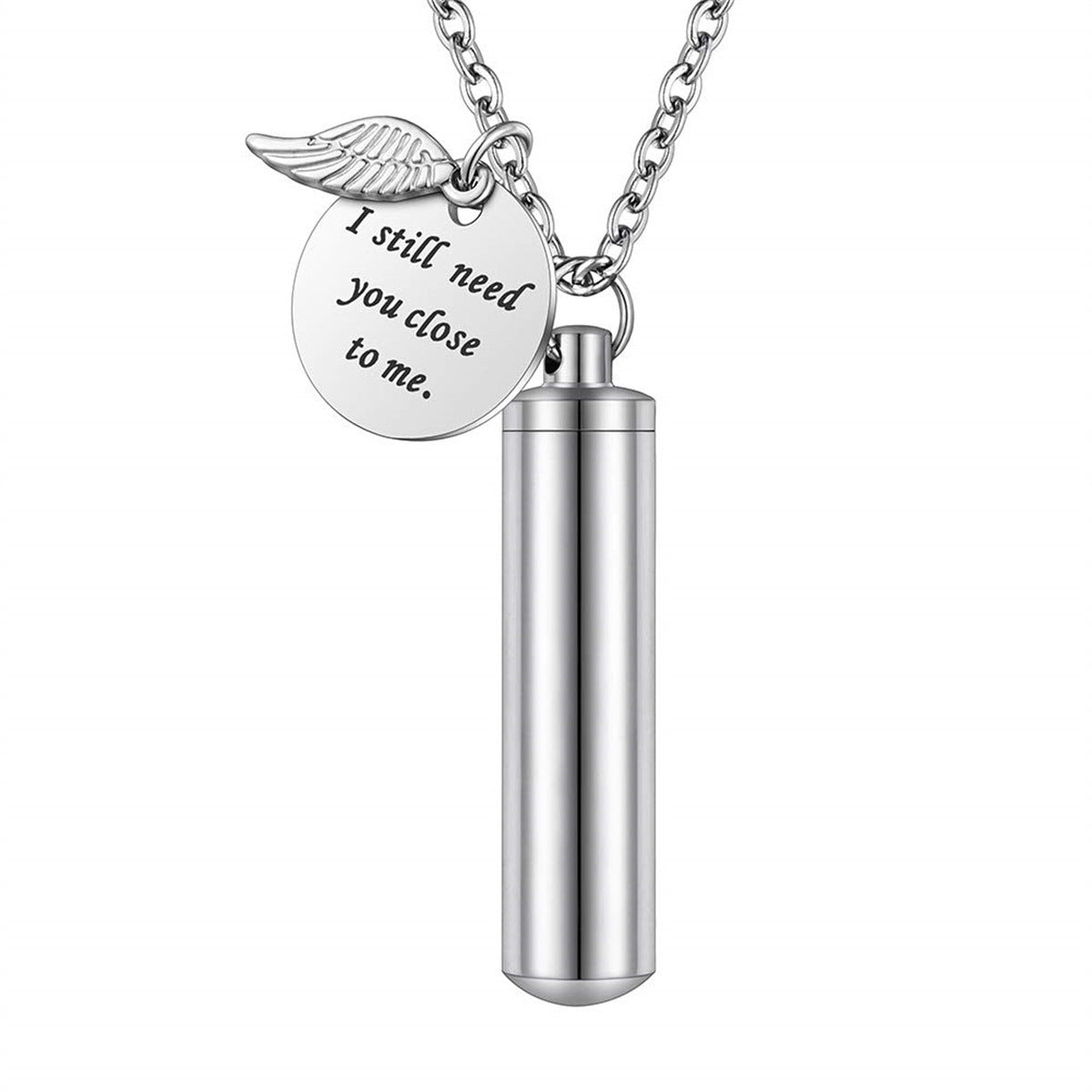 Personalized Stainless Steel Angel Wing Pendant Necklace with Hollow Cylinder Design for Pet Memorial Keepsake Unisex