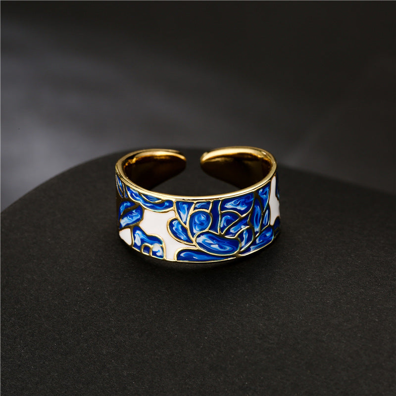 Minimalist Geometric Enamel Ring for Women Adjustable Copper Band with Blue-and-White Porcelain-Inspired Design