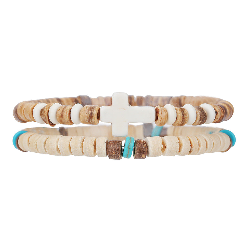 Bohemian Turquoise Cross Geometric Wood Bead Bracelet Unisex Handmade Multi-layer Stackable