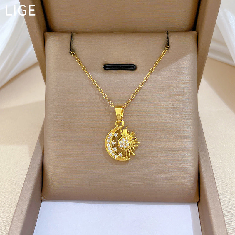 Sweet Minimalist Moon Star Geometric Rhinestone Titanium Steel Necklace for Unisex