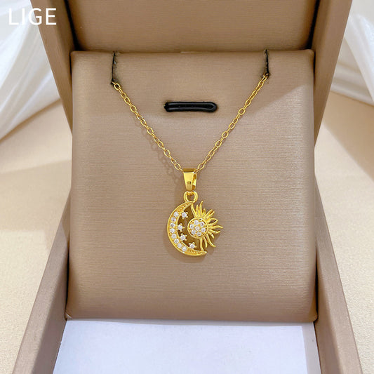 Sweet Minimalist Moon Star Geometric Rhinestone Titanium Steel Necklace for Unisex