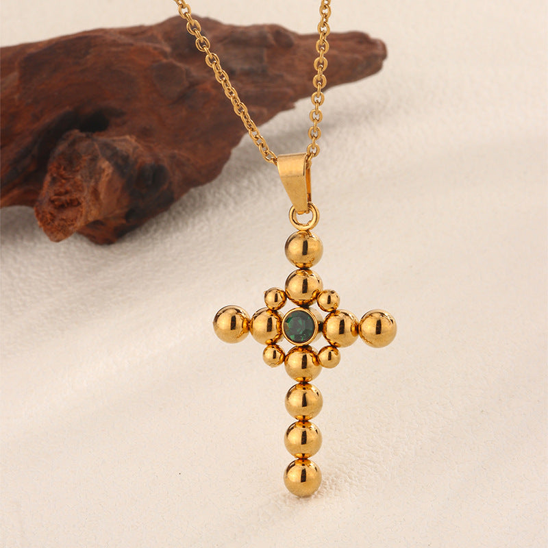Collana Vintage Placcata Oro a Croce in Acciaio al Titanio con Ciondolo Zirconia Cubica e Catena a Cavo