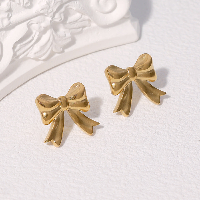 Minimalist Bow-Shaped Stainless Steel Stud Earrings for Women with Plated Finish, Lightweight and Fade-Resistant