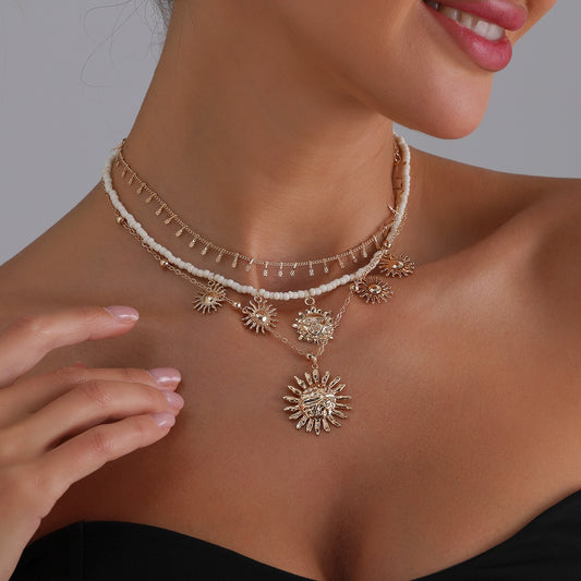 Collana a Pendente Bohemian Vintage Sole e Faccina Sorridente in Lega con Finitura Placcata per Donna